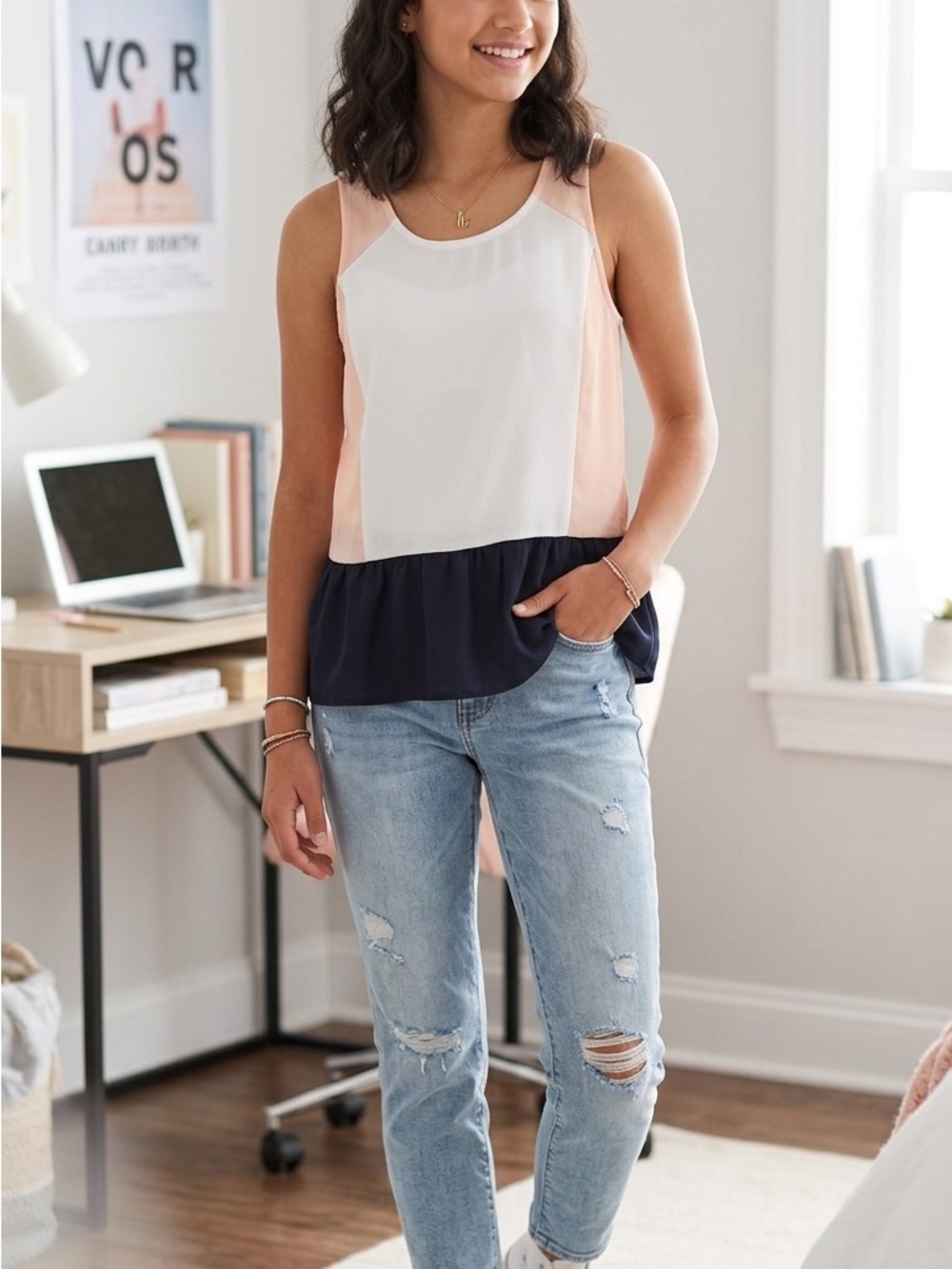 Gianni Bini Colorblock Peplum Tank - White, Blush & Navy